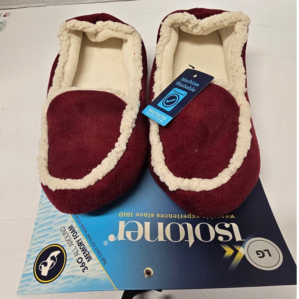 Isotoner Women 360 Memory Foam Slippers Chili Pepper Red Faux Fur Trim 8-9 L NWT
